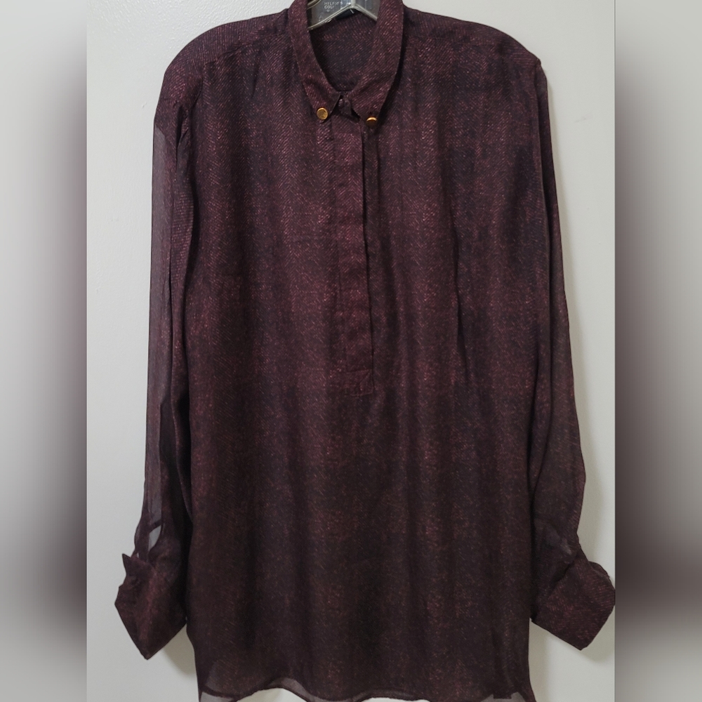 Hilfiger Collection Burgundy Herringbone Silk Tunic Shirt Made In Italy Size 10